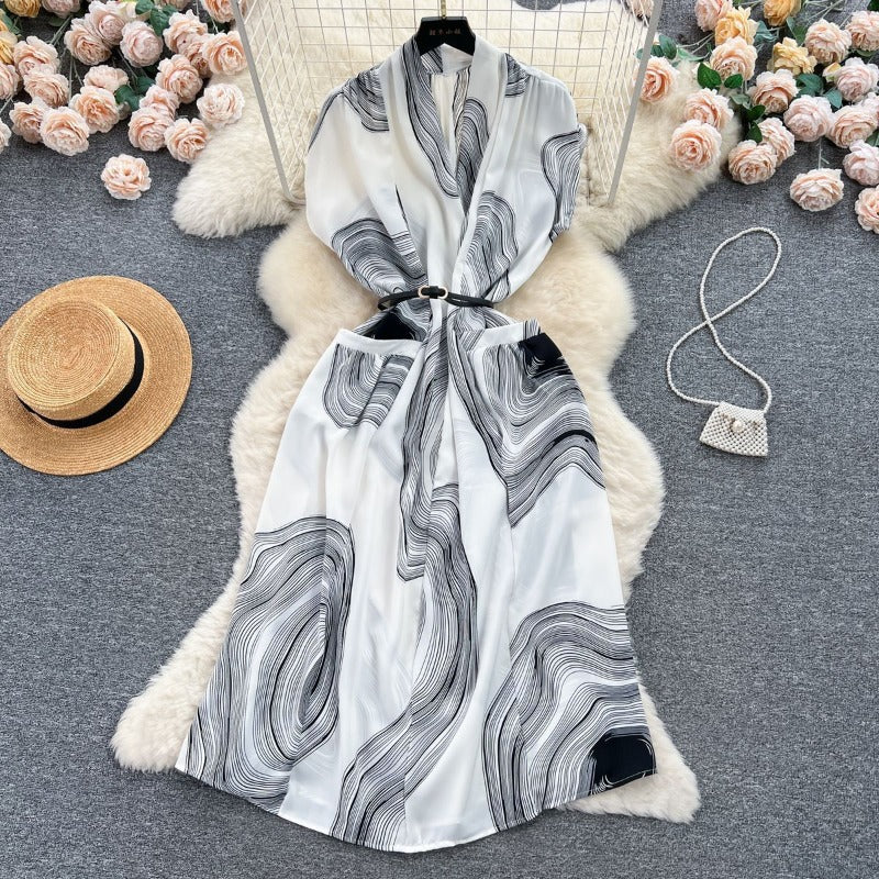 Retro collar print dress women's spring and autumn French space-up waist loose and thin medium and long shirt skirt