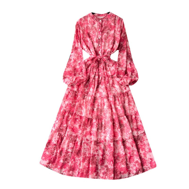 New French floral chiffon dress women's autumn wear new kneee-length dress gentle wind waist gas