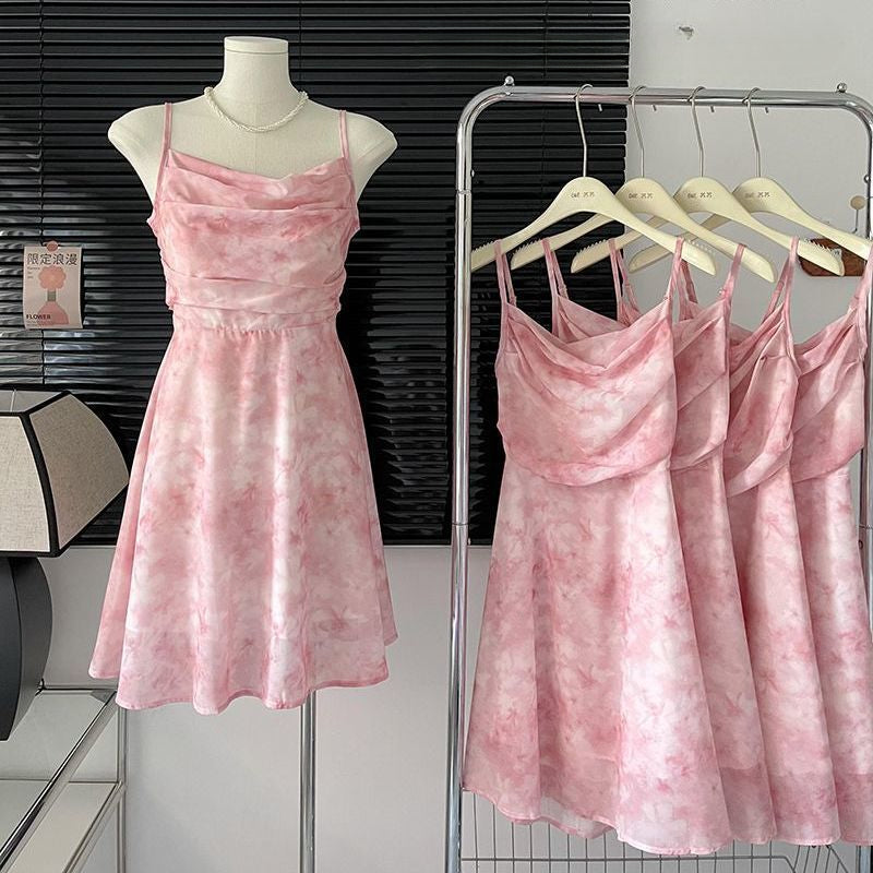 French gentle wind floral suspender dress women's summer temperament waist thin chiffon skirt design sense new