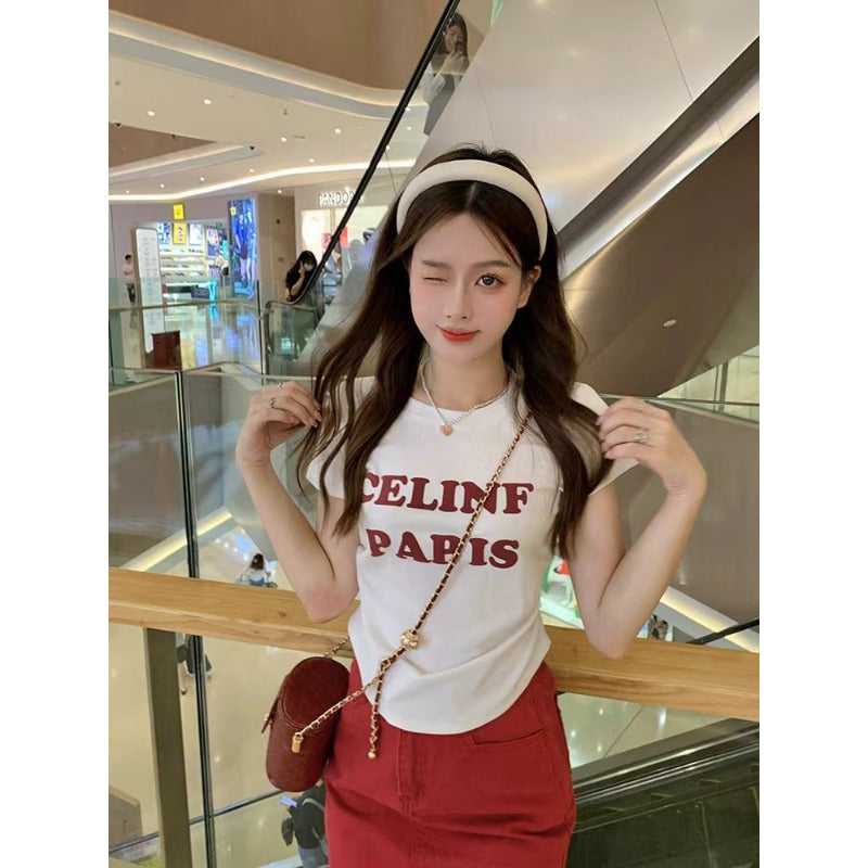 Ice silk threaded, foam letter short-sleeved T-shirt women's summer slim-fit short pleated top