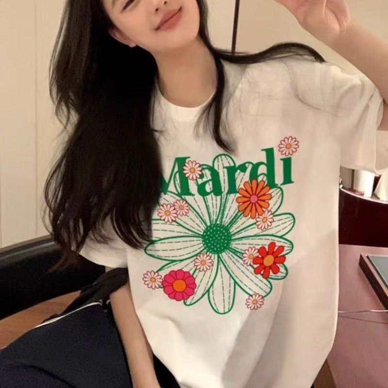 Korean version of pure cotton letter printing temperament round neck short-sleeved T-shirt women's summer new loose simple casual ins top