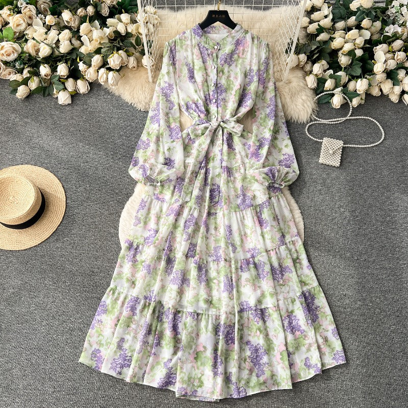 New French floral chiffon dress women's autumn wear new kneee-length dress gentle wind waist gas