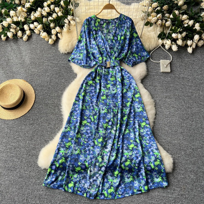 Summer new European and American style niche light luxury retro collar waist thin big swing split printing dress