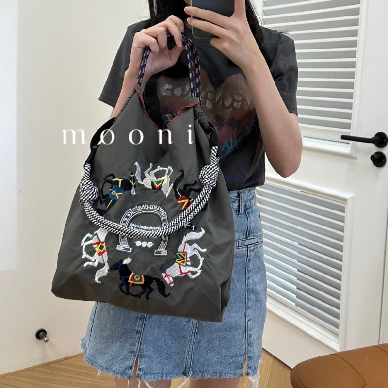 Japanese homemade eco-friendly shopping bag Nylon cloth embroidered flower portable canvas bag Nylon shopping bag