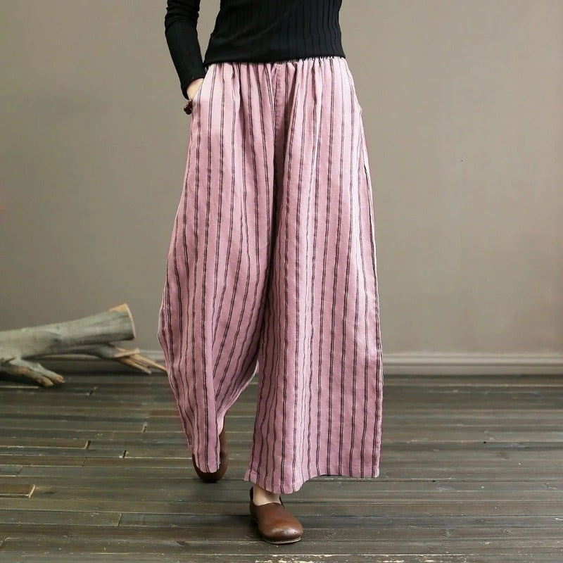 Literary cotton and linen striped wide-leg pants summer 2025 new women's large size thin and draped casual straight nine-point pants tide