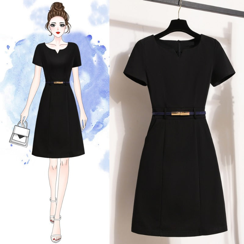 Professional suit skirt temperament V-neck beauty jewelry sales work clothes A-word black waist dress