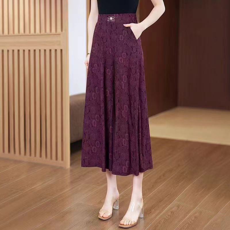 Summer middle-aged and elderly national style women's pants new wide-leg pants women's high waist and thin large size loose casual pants mother culottes