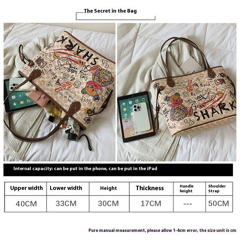 Printed bag women's bear graffiti tote bag 2025 new handbag versatile large capacity shoulder bag tide
