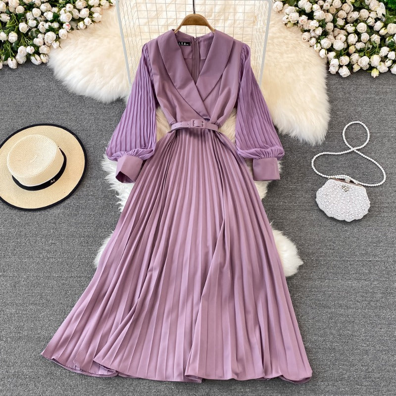 Spring French retro suit collar strap waist thin pleated dress commuter fashion high waist big swing dress