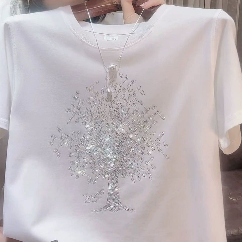 Combed cotton hot diamond short-sleeved T-shirt women's 2025 new versatile t-shirt summer loose and thin round neck foreign style top