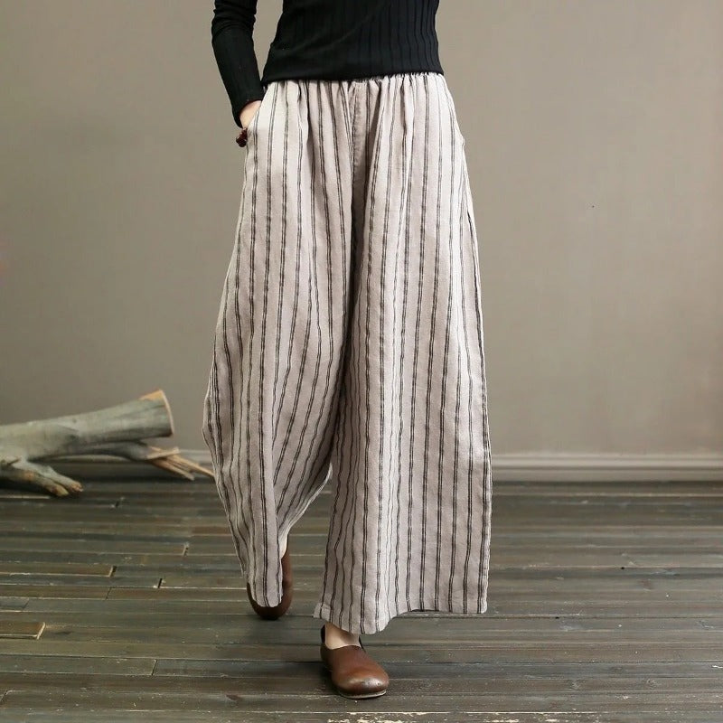 Literary cotton and linen striped wide-leg pants summer 2025 new women's large size thin and draped casual straight nine-point pants tide