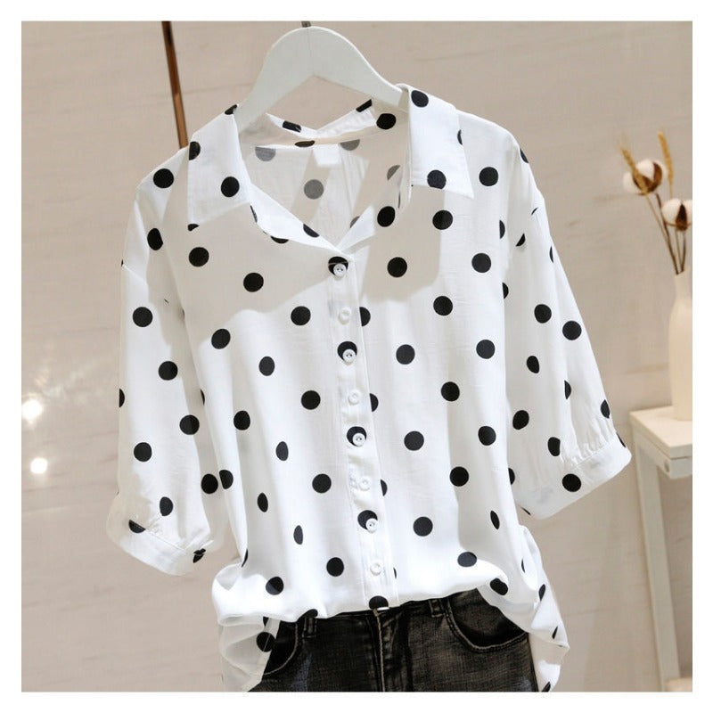 Polka dot shirt women's middle sleeve 20255 spring and summer new loose large size thin versatile French pullover thin shirt tide