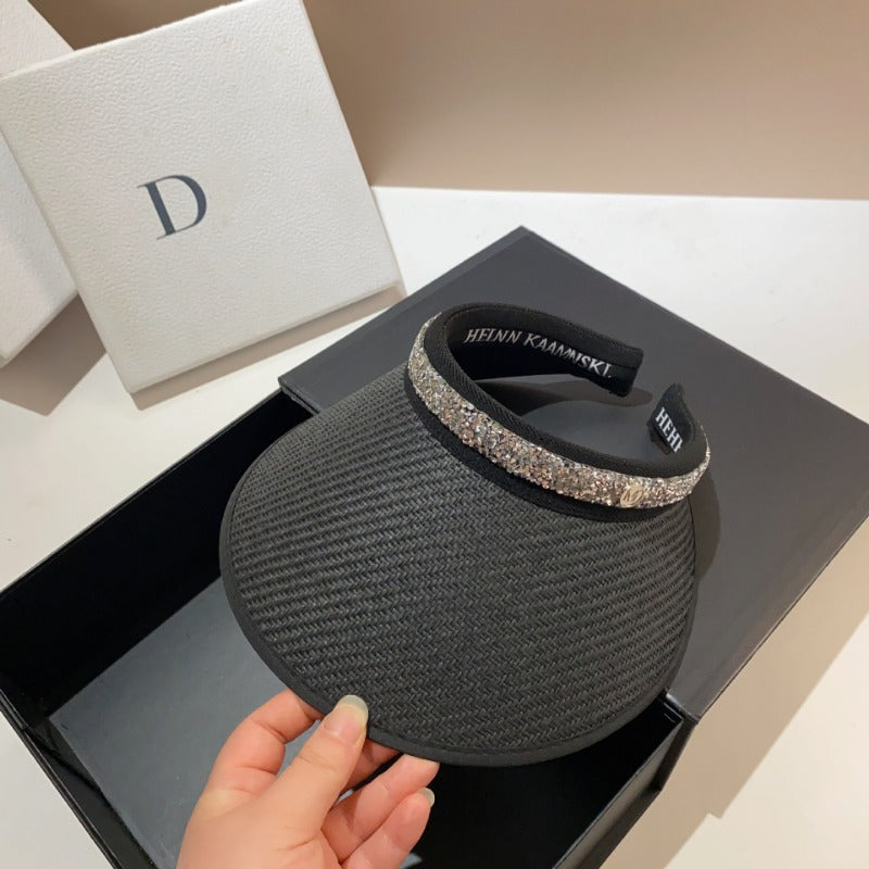 Summer vinyl straw double-layer sunscreen empty top hat fashionable and simple rhinestone fine flash trendy sunshade topless cap