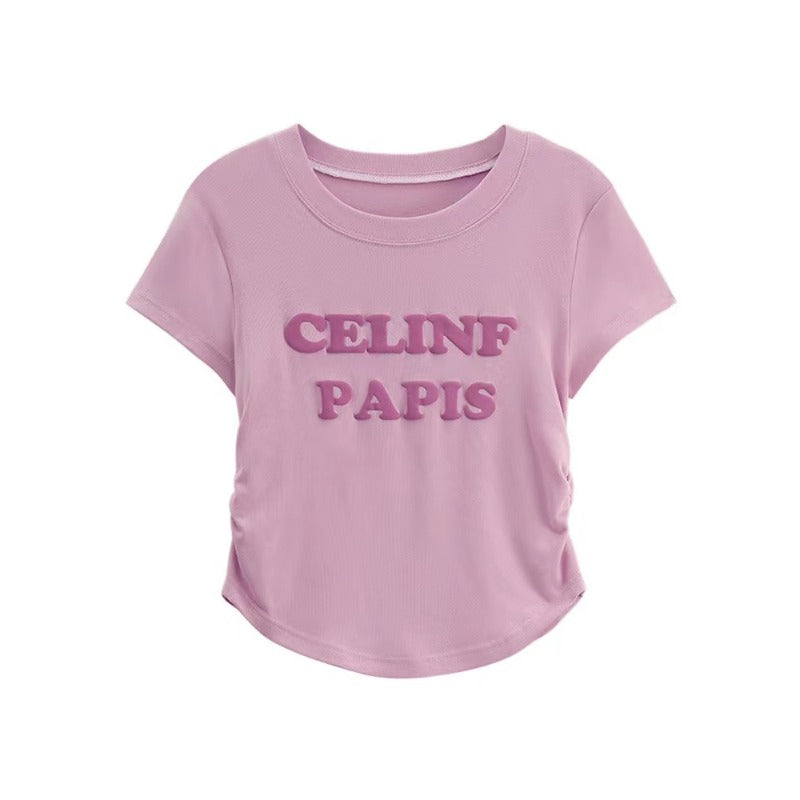 Ice silk threaded, foam letter short-sleeved T-shirt women's summer slim-fit short pleated top