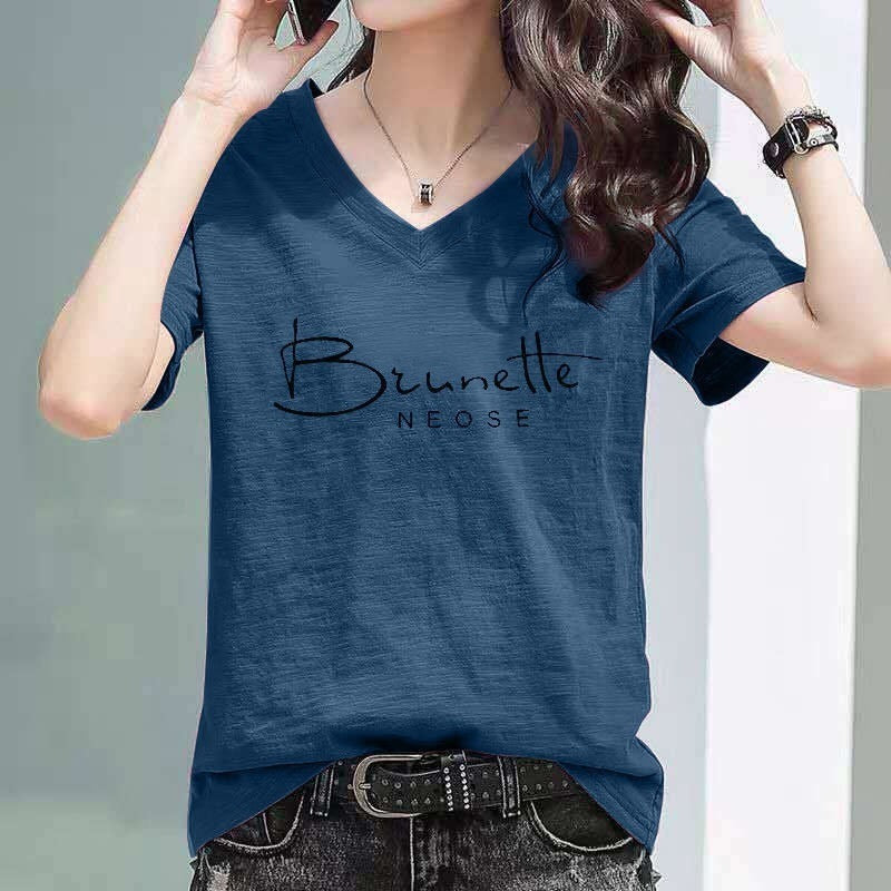 2025 summer new versatile thin bamboo cotton V-neck printed letter T-shirt short-sleeved Korean version loose large size top