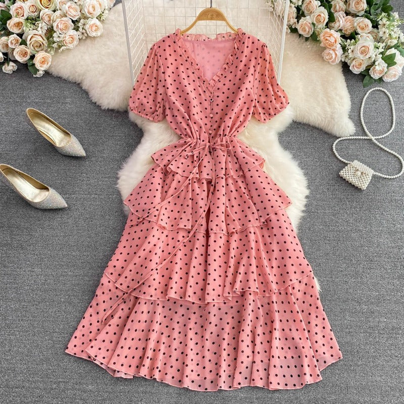 Summer gentle wind collar bubble short sleeves waist thin polka dot dress elegant temperament big pendulum long skirt