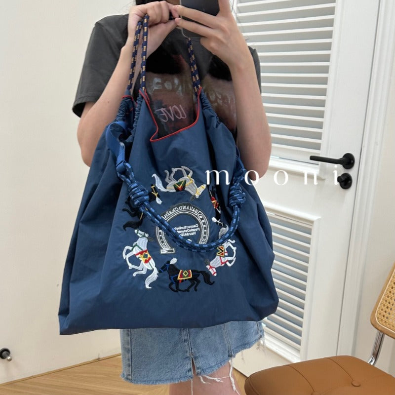 Japanese homemade eco-friendly shopping bag Nylon cloth embroidered flower portable canvas bag Nylon shopping bag