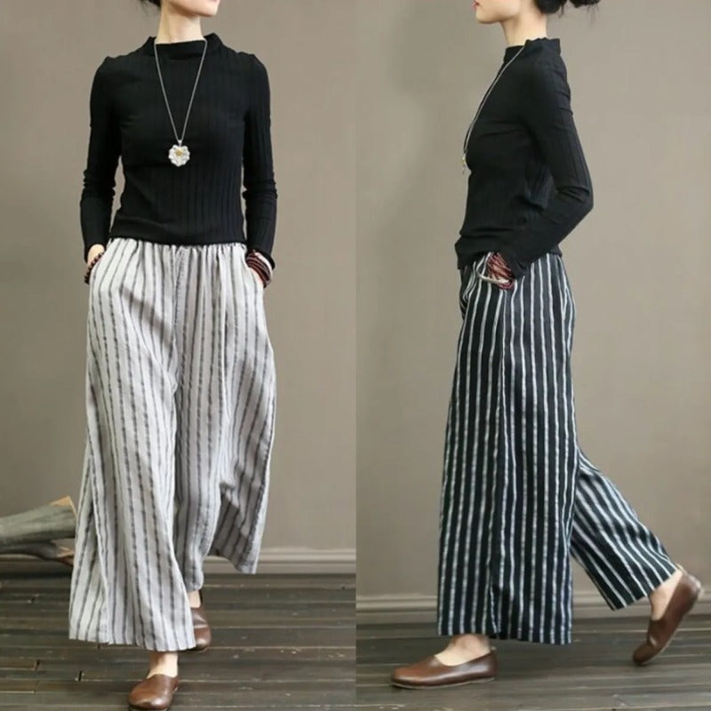 Literary cotton and linen striped wide-leg pants summer 2025 new women's large size thin and draped casual straight nine-point pants tide