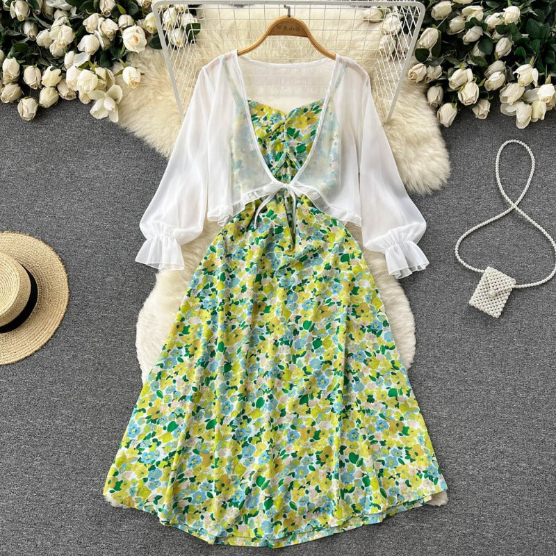 French retro age-reducing bell-covering and thin floral suspender dress chiffon shawl jacket sweet temperament two-piece set