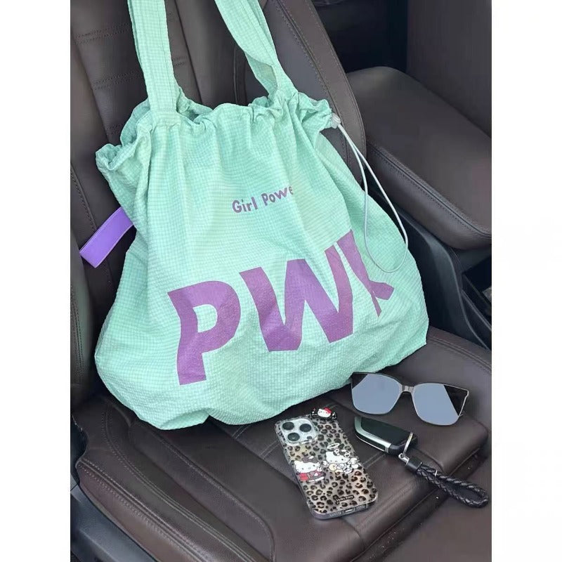 Ins Lazy Wind French Bag Women's Drawstring Large Capacity Portable Shoulder Bag Letter Out Shopping Bag Tote Bag