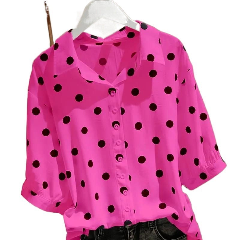 Polka dot shirt women's middle sleeve 20255 spring and summer new loose large size thin versatile French pullover thin shirt tide