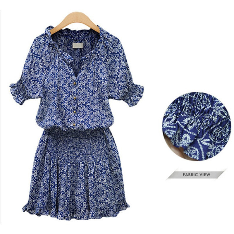New short-sleeved printed cotton casual versatile V-neck dress