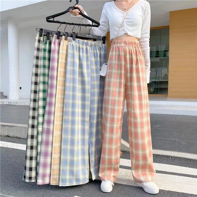 Thin plaid pants women's spring draped straight pants pink loose small pajama pants high waist plaid wide leg pants